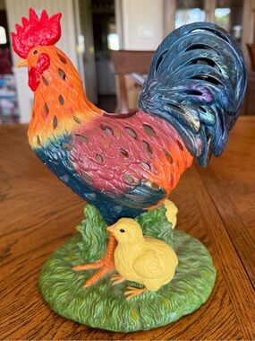PartyLite Multicolor Rooster and Chick Ceramic Candle Holder Sculpture